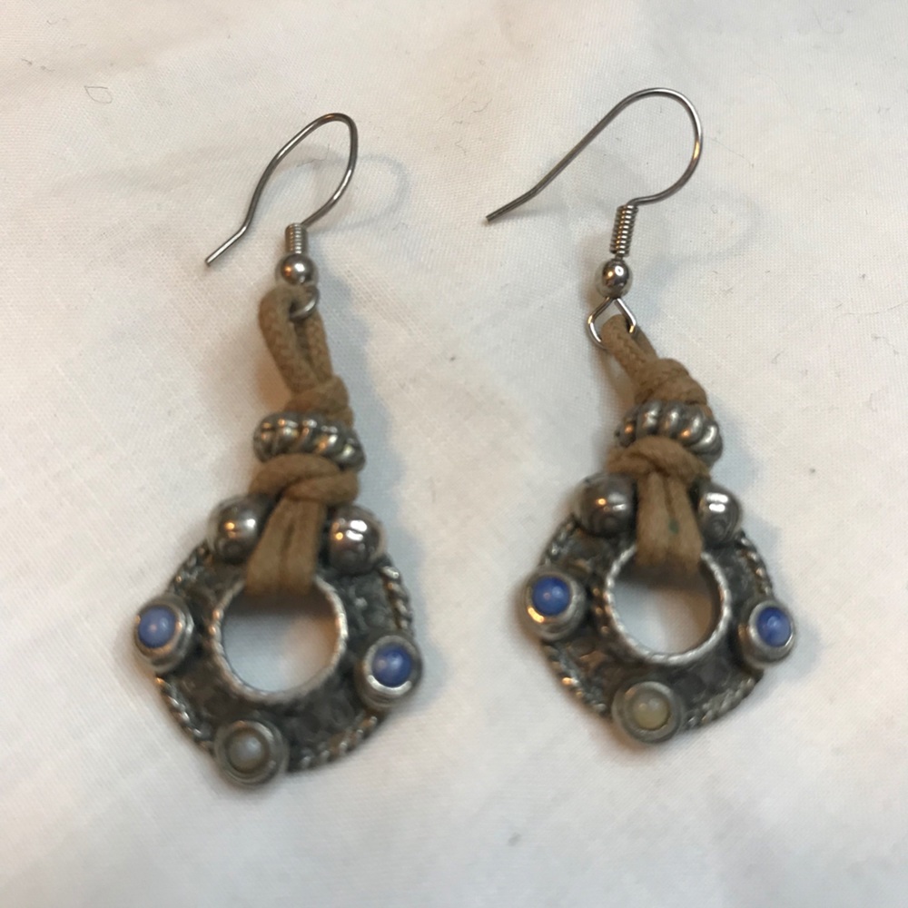 Twist Rope Silver Drop Earrings with Blue detail